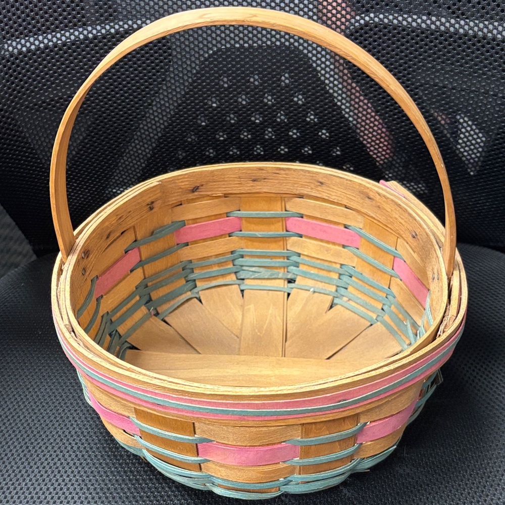 Handwoven Round Basket with Pink and Teal Accents